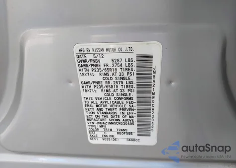 2012 Nissan Murano Sv z USA, uszkodzony, nr VIN JN8AZ1MW0CW230495